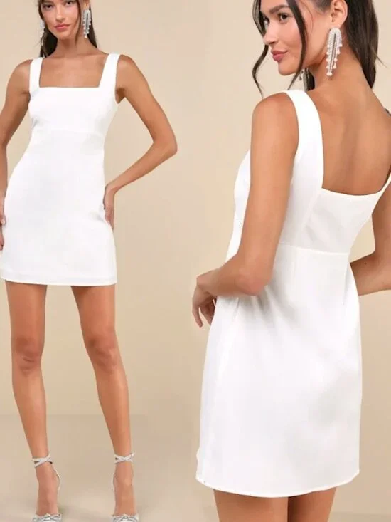 Lulus Flawed Truly the Cutest White Satin Square Neck Mini Dress Stain on back - Picture 2 of 10